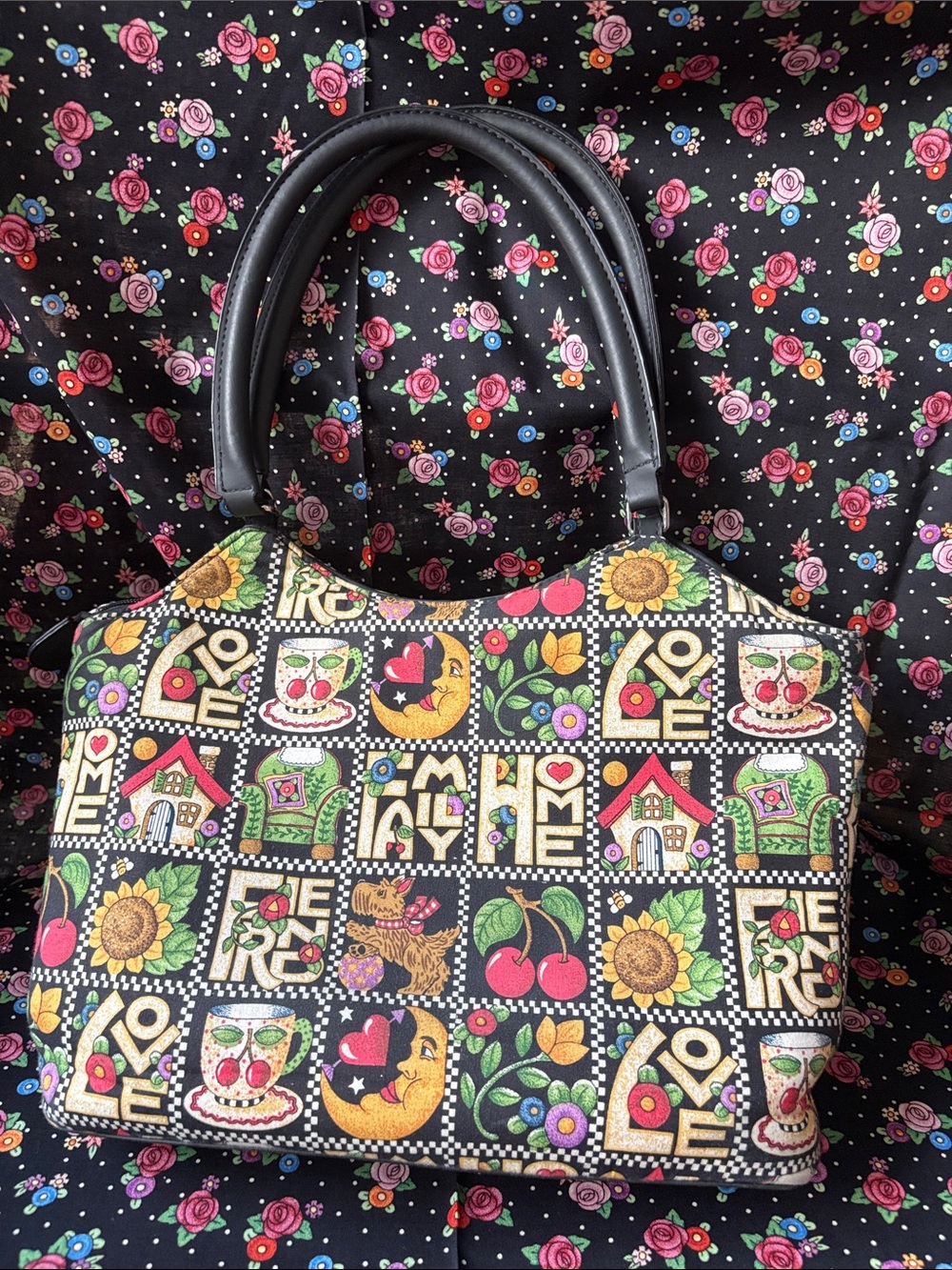 Vintage Mary Engelbreit Black Multicolor Print Tote Bag